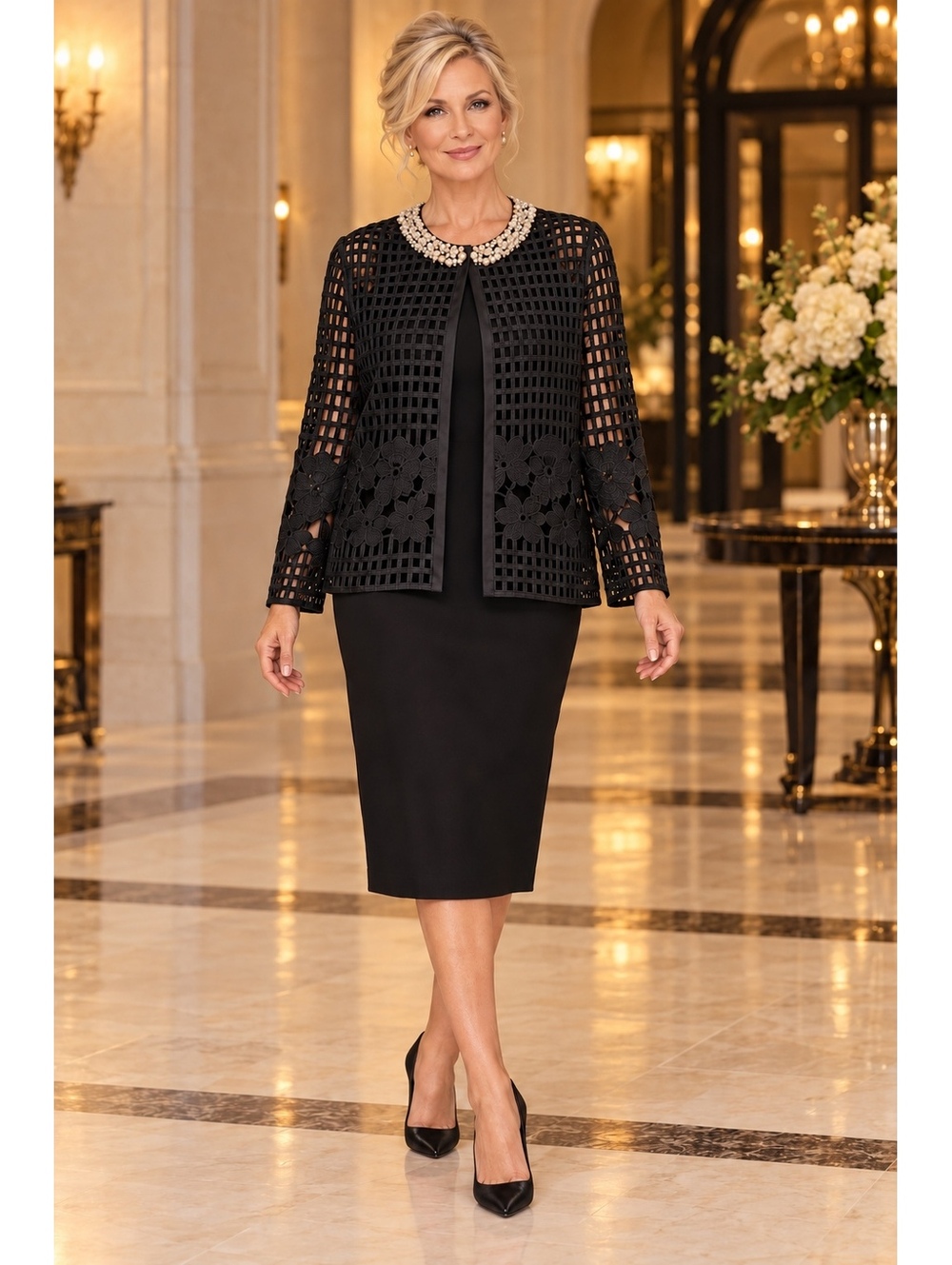 Joseph Ribkoff Pearl Collar Lace Jacket Evening Cover Up Size 10